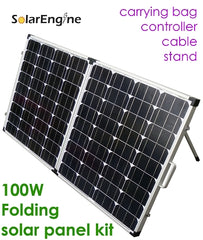 SolarEngine 100W Folding Solar Suitcase with adjustable aluminum kickstands and battery clamps.