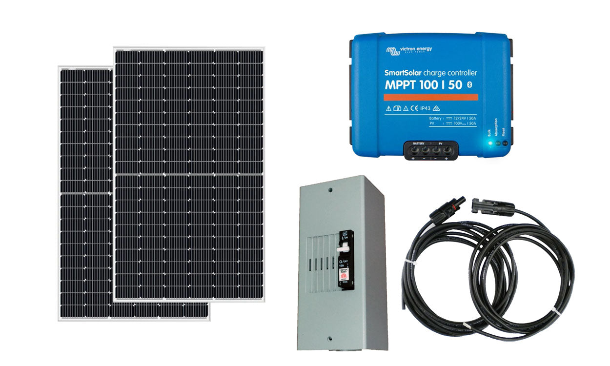 900W off-grid solar kit featuring two 450W solar panels and Victron SmartSolar 100/50 MPPT controller