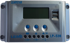 Leapstar LP-S30 30A solar charge controller with 32-bit processor, LCD display, and high-speed 3A USB ports for lithium and lead-acid batteries.