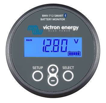 Victron Energy BMV-712 Smart Battery Monitor head unit and 500A shunt with VictronConnect app interface on a smartphone.