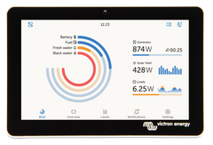 Victron GX Touch 70 7-inch system monitoring screen showing battery and solar data