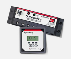 Morningstar SunSaver DUO SSD-25RM 25A solar charge controller with remote digital meter and dual battery bank ports.