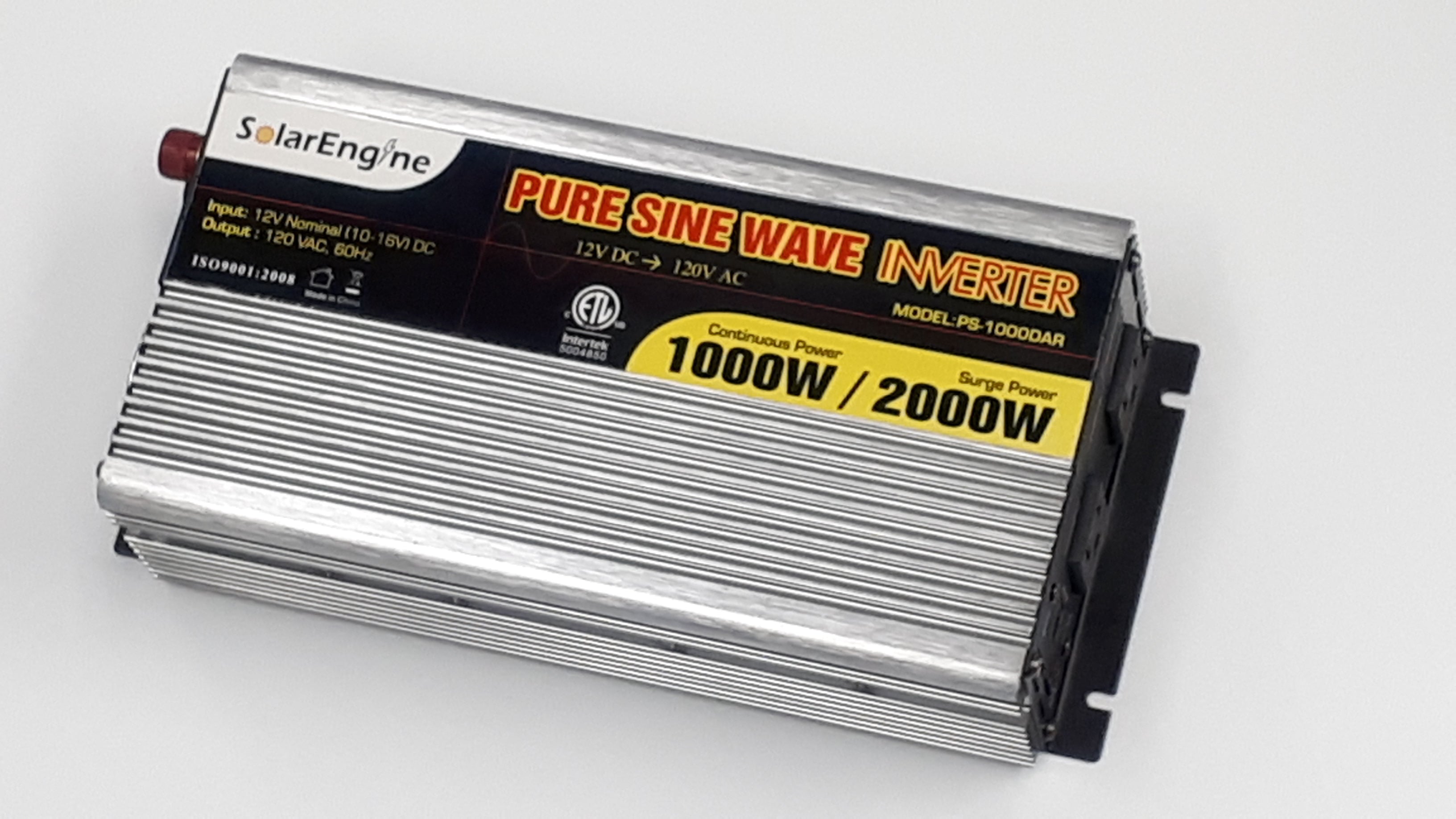 Complete SolarEngine PS-1000DAR kit including 1000W 12V pure sine inverter, wired remote control panel, and heavy-duty battery connection cables.