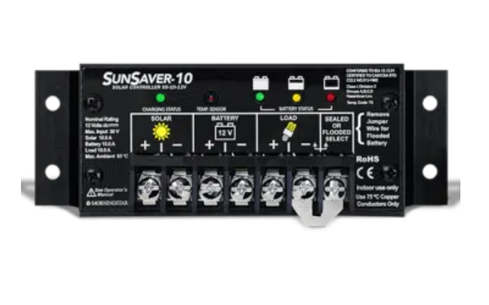 Morningstar SunSaver SS-10-12V 10A solar charge controller featuring epoxy-encapsulated electronics and anodized aluminum housing.