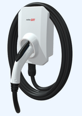SolarEdge Smart EV Charger SE-EV-SA-KIT-LJ40P wall-mounted Level 2 station with integrated 25ft cable and smartphone control interface.