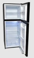 Interior view of Solstice 283L 12V Stainless Fridge showing separate freezer and glass shelves