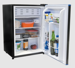 Interior of Solstice 74L 12V Fridge showing built-in freezer and glass shelves