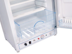 Front-mounted controls and CO alarm for Unique propane refrigerator