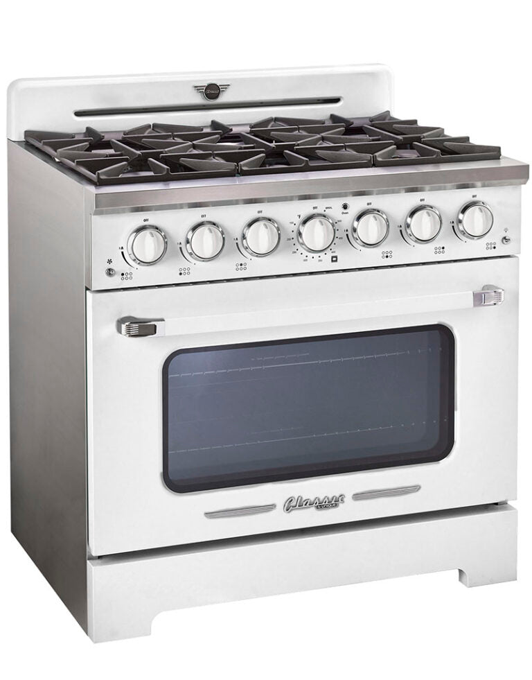 Unique 36-inch Classic Retro Gas Range in Marshmallow White with Chrome Accents