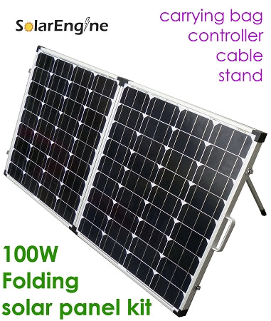 SolarEngine 100W Folding Solar Suitcase with adjustable aluminum kickstands and battery clamps.