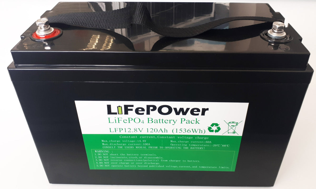 LifePower 120Ah 12V Lithium LiFePO4 Deep Cycle Battery with M8 terminals and rugged ABS casing.