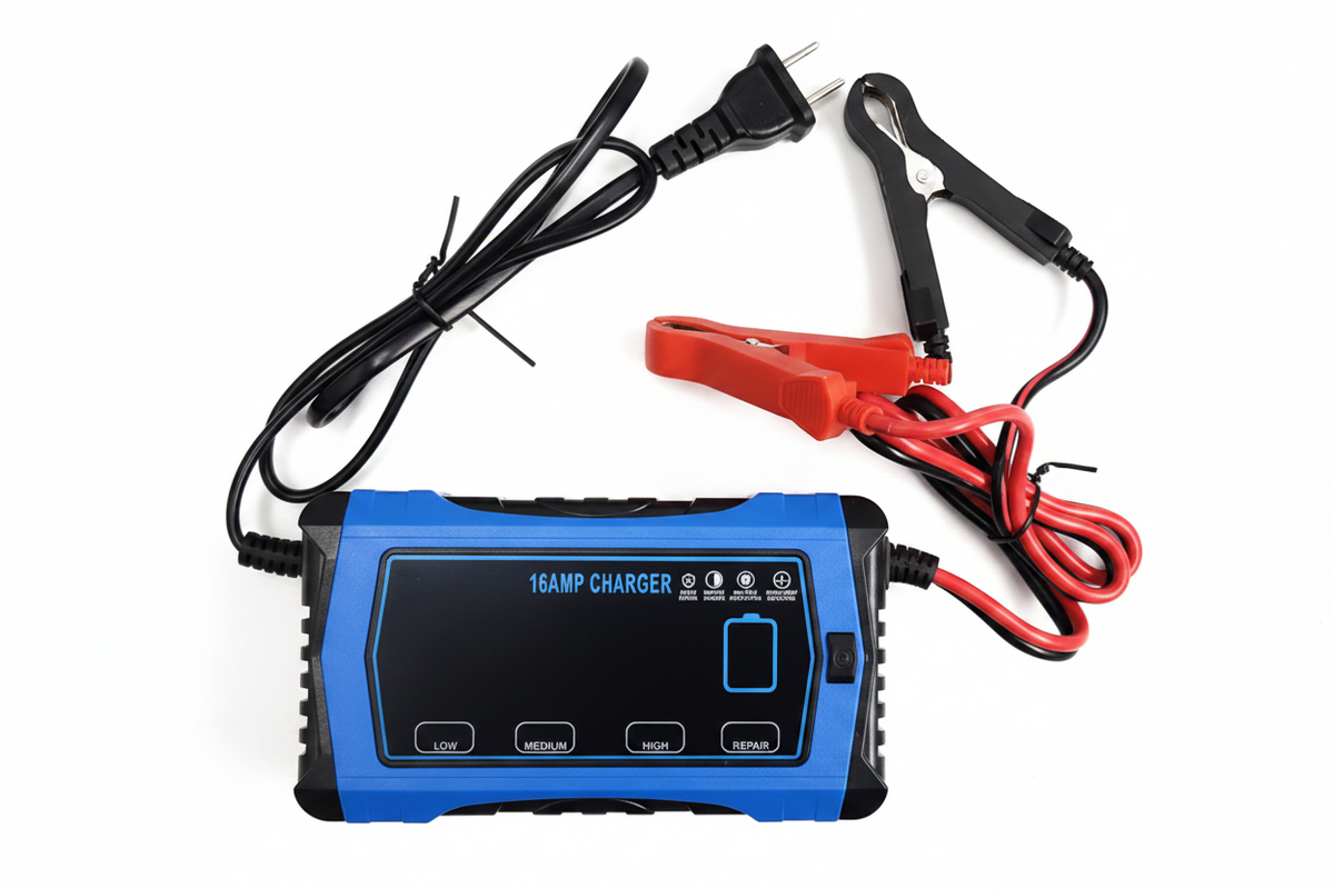 16-Amp multi-voltage 6V 12V 24V smart battery charger with LED digital display
