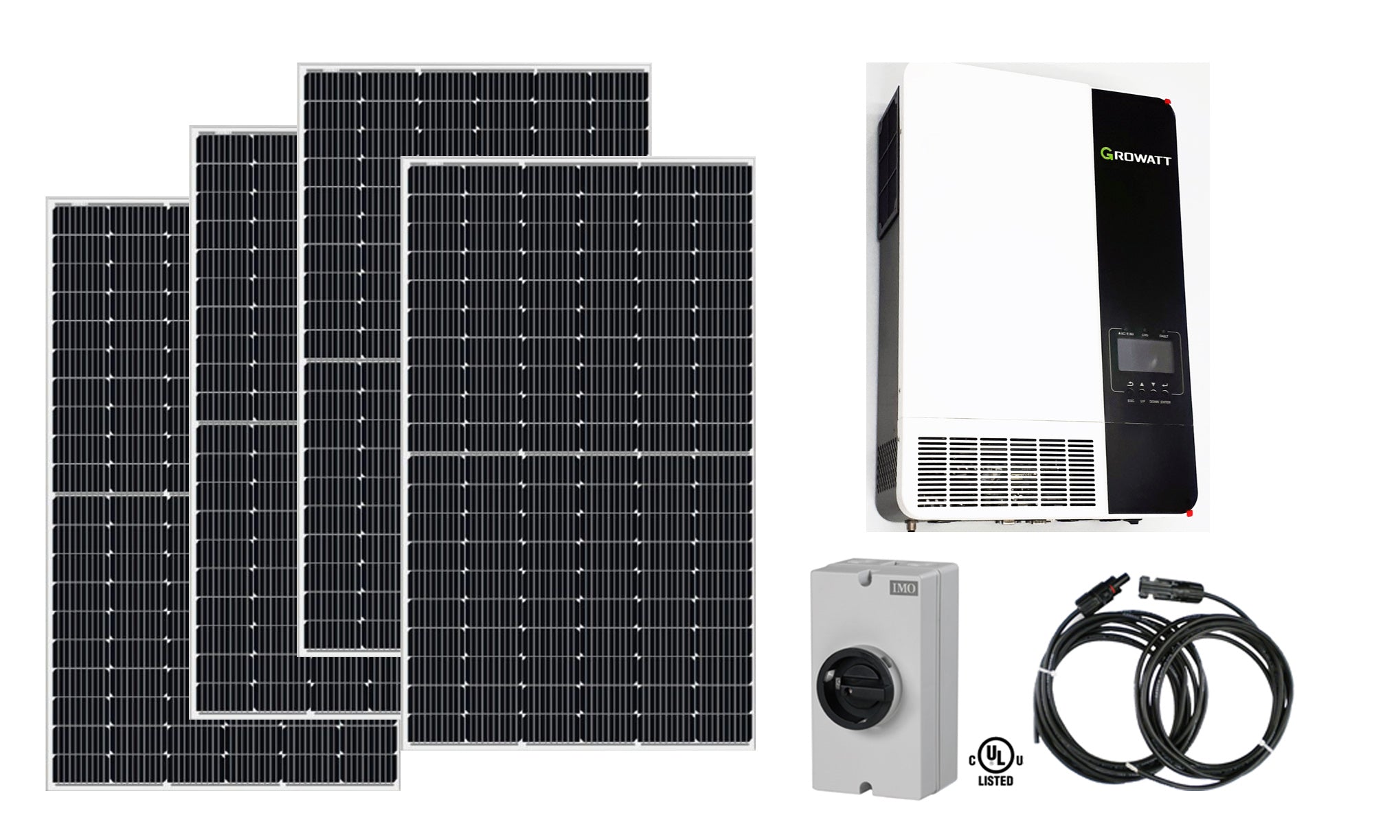 2.25kW off-grid solar kit with Growatt 3500W 48V inverter, ReneSola 450W panels, and IMO PV disconnect