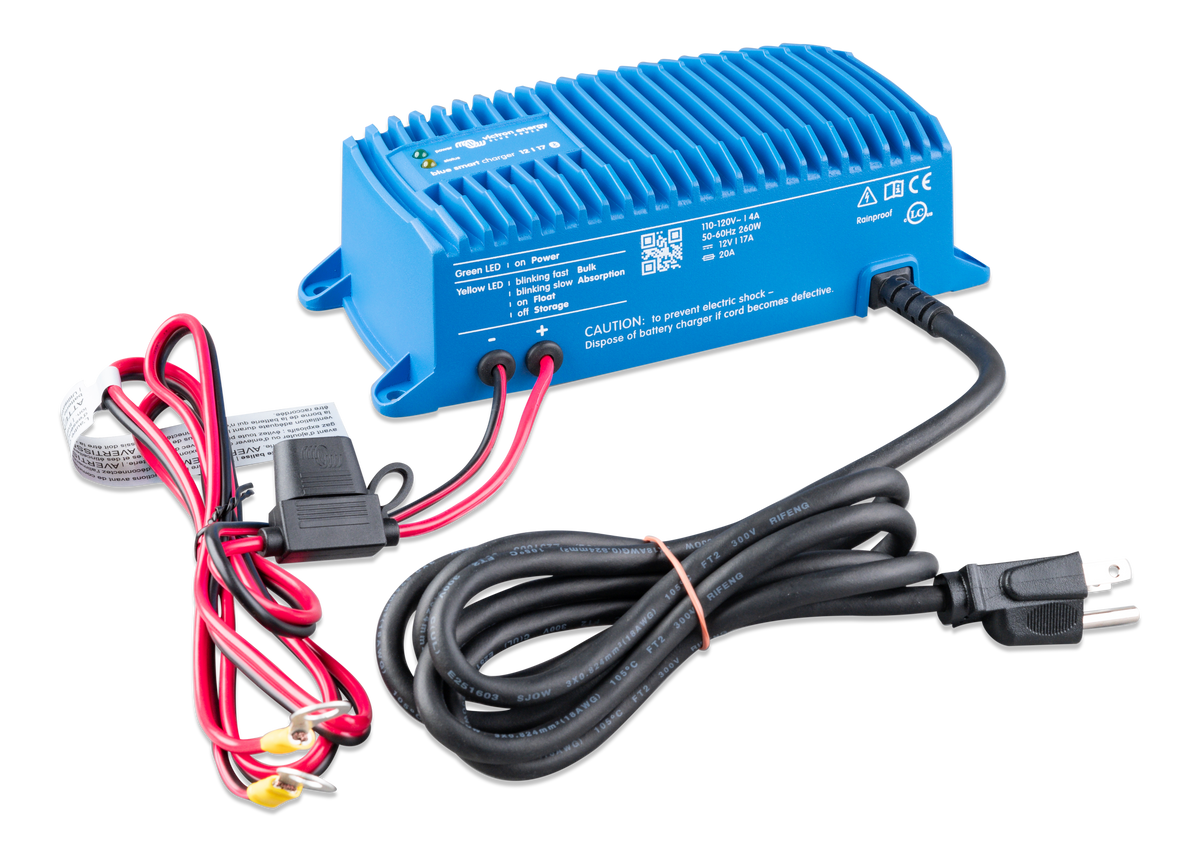 Victron Blue Smart IP67 12V 25A charger with cast aluminum casing and Bluetooth monitoring via VictronConnect app.