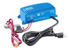 Victron Blue Smart IP67 12V 25A charger with cast aluminum casing and Bluetooth monitoring via VictronConnect app.