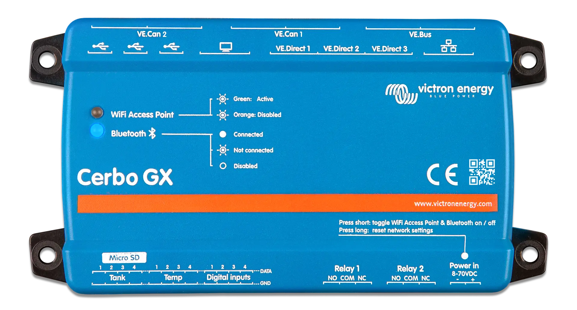 Victron Energy Cerbo GX MK2 communication centre showing connection ports for VE.Direct, VE.Can, and USB