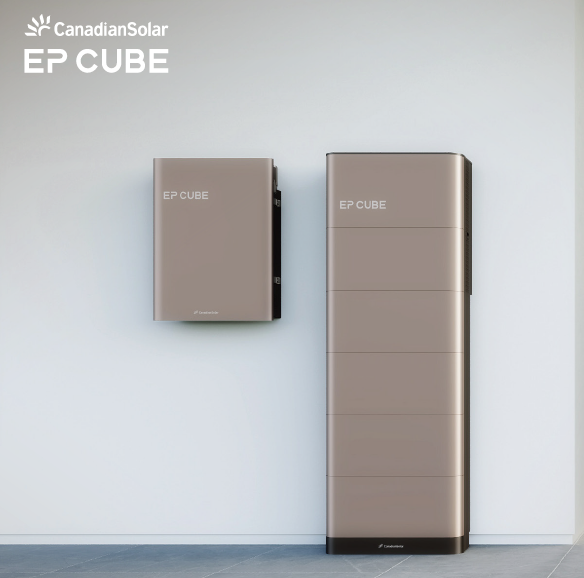 Complete Canadian Solar EP Cube 2.0 residential energy storage system featuring an integrated inverter, 20kWh stackable battery tower, and Gateway.