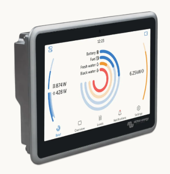Victron Ekrano GX front view showing the 7-inch touchscreen dashboard and rear connectivity ports
