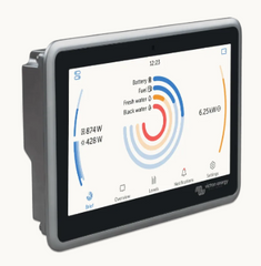 Victron Ekrano GX front view showing the 7-inch touchscreen dashboard and rear connectivity ports