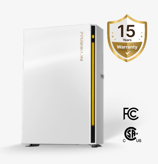 Front view of the FranklinWH aPower S energy storage unit, a sleek wall-mounted home battery for solar energy management.