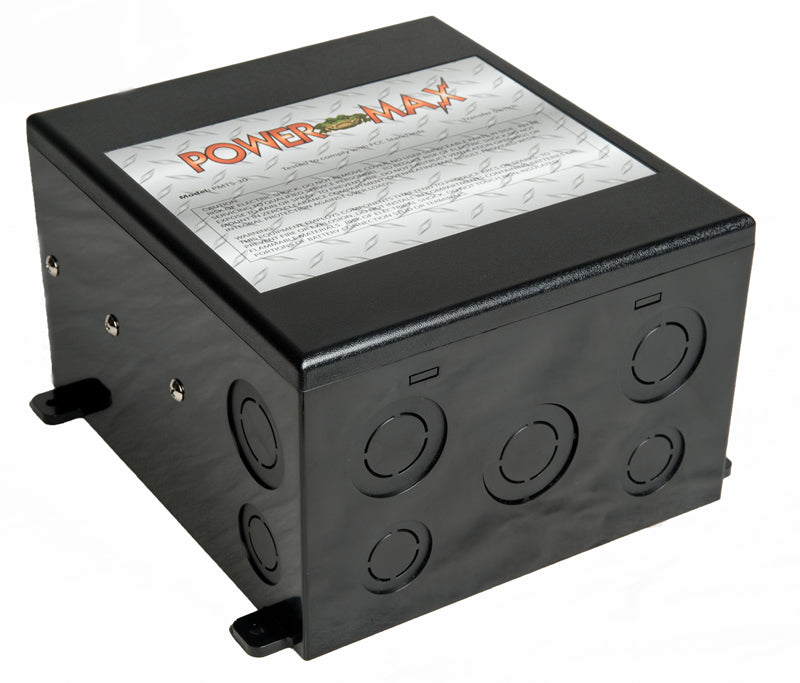 Powermax PMTS-30 30A Auto Transfer Switch inside a durable plastic enclosure with 120VAC relay and built-in time delay circuit.