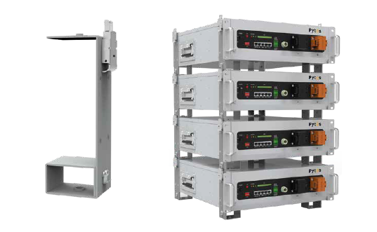 A set of black metal Pytes V5 Plus battery mounting brackets for vertical module stacking.