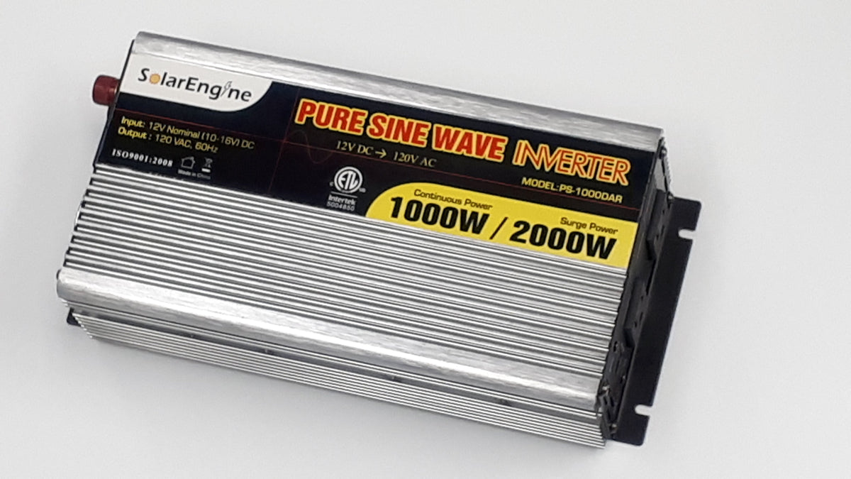 Complete SolarEngine PS-1000DAR kit including 1000W 12V pure sine inverter, wired remote control panel, and heavy-duty battery connection cables.