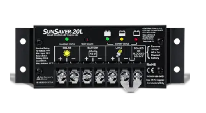 Morningstar SunSaver SS-20L-12V 20A solar charge controller with 4-stage PWM charging and high-capacity 20A load terminals.