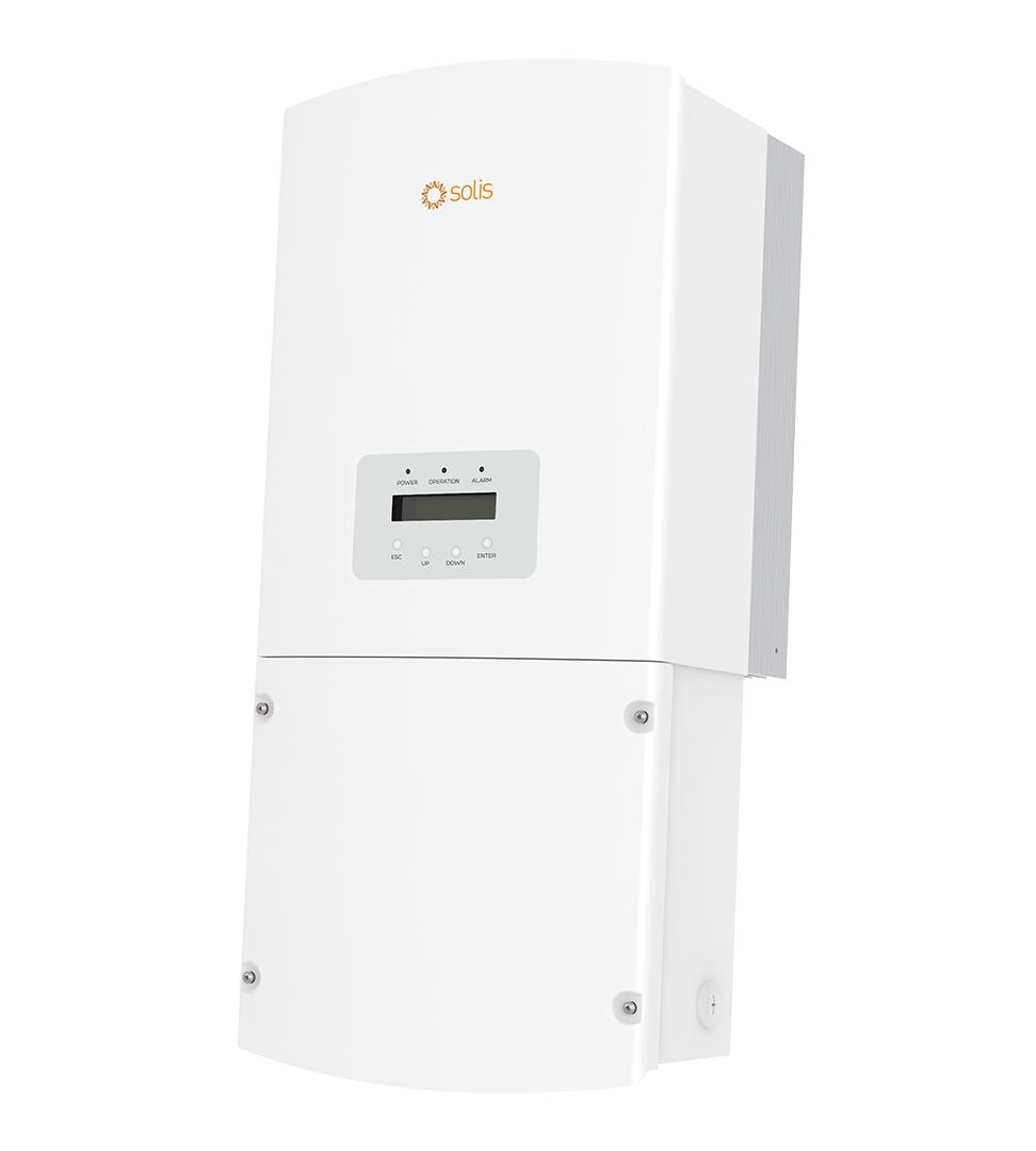 Solis 1P3.6K-4G-US-APST 3.6kW Single Phase Grid-Tie Inverter with white NEMA 4X enclosure, front-facing LCD display, and integrated DC disconnect switch for residential solar systems