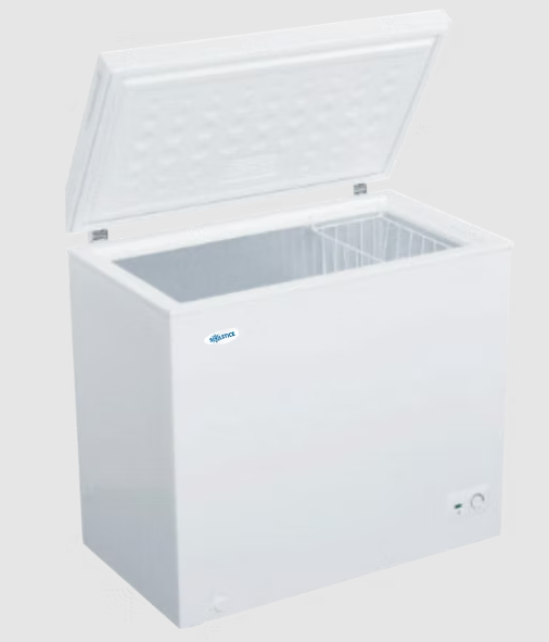 Interior of Solstice 204L 12V DC Freezer showing storage basket and drain system