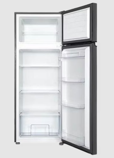 Interior view of Solstice 212L 12V Fridge showing glass shelves and vegetable drawer