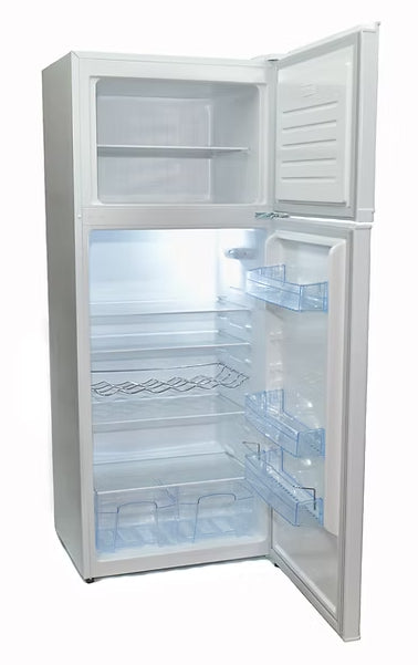 Interior view of Solstice 393L 12V Fridge showing adjustable shelves and vegetable drawer