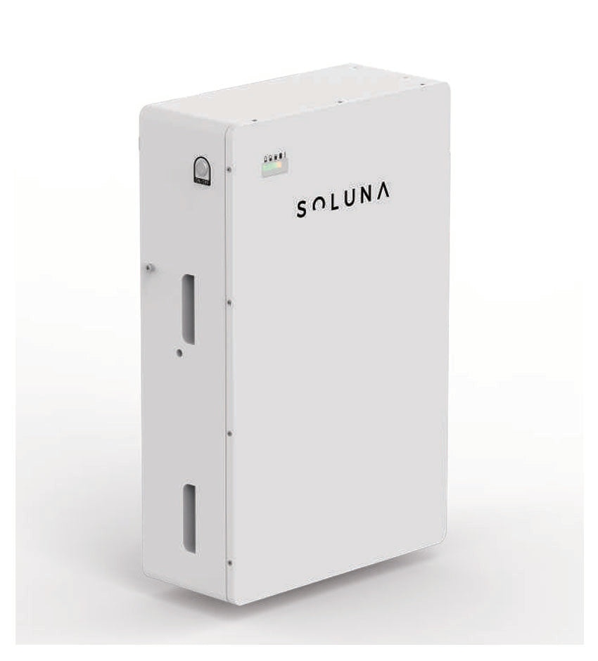Soluna 16K Pack LV 16.07kWh lithium battery in a sleek white IP65 enclosure