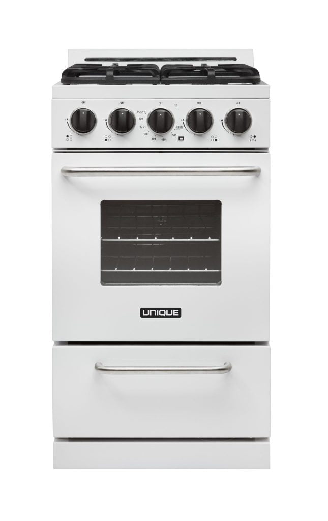 Unique Classic 20 Inch Propane Gas Range in White with Cast-Iron Grates