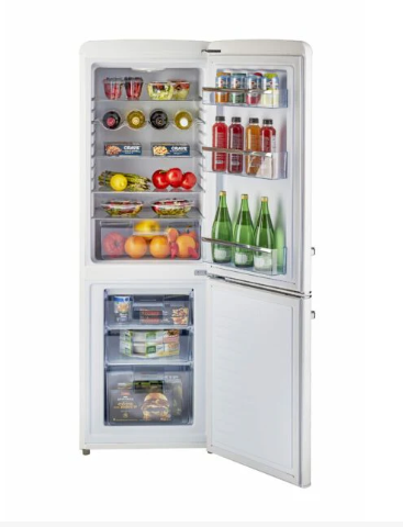 Compact Retro Fridge Interior with Glass Shelves and 4-Bottle Wine Rack
