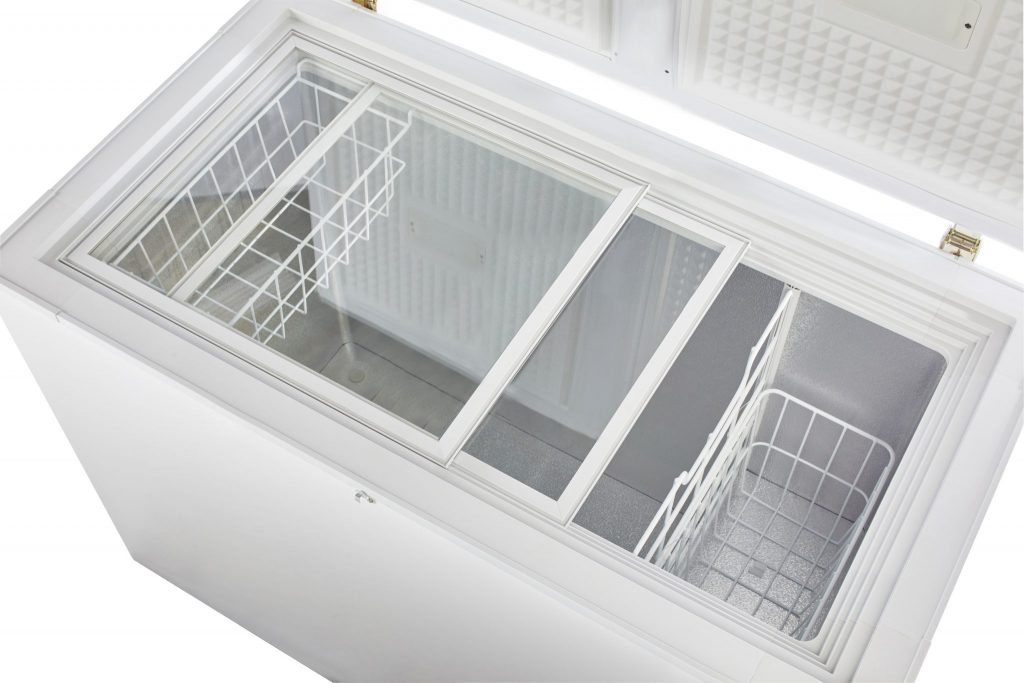 Interior of Unique 265L DC Freezer with Dual Glass Sliders and Wire Baskets