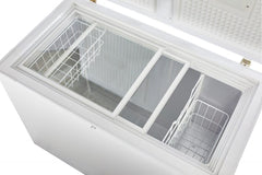 Interior of Unique 265L DC Freezer with Dual Glass Sliders and Wire Baskets