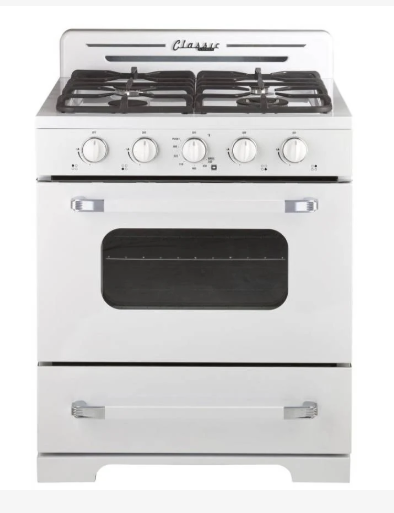 Unique 30 Inch Classic Retro Propane Range in Marshmallow White with Chrome Accents