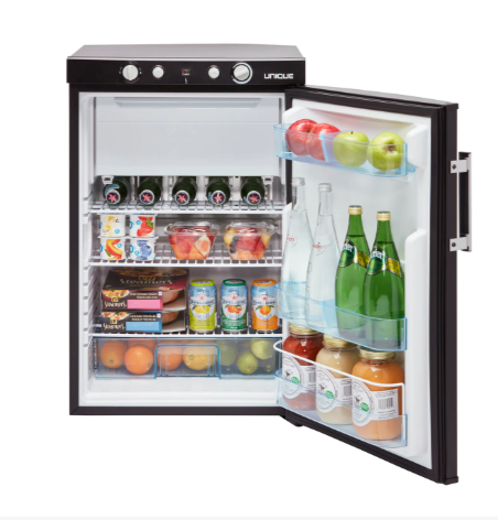 Compact Fridge Interior with Adjustable Shelves and Door Storage for RVs