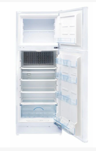 Interior of Unique UGP-8C CM W propane fridge showing adjustable glass shelves and large crisper