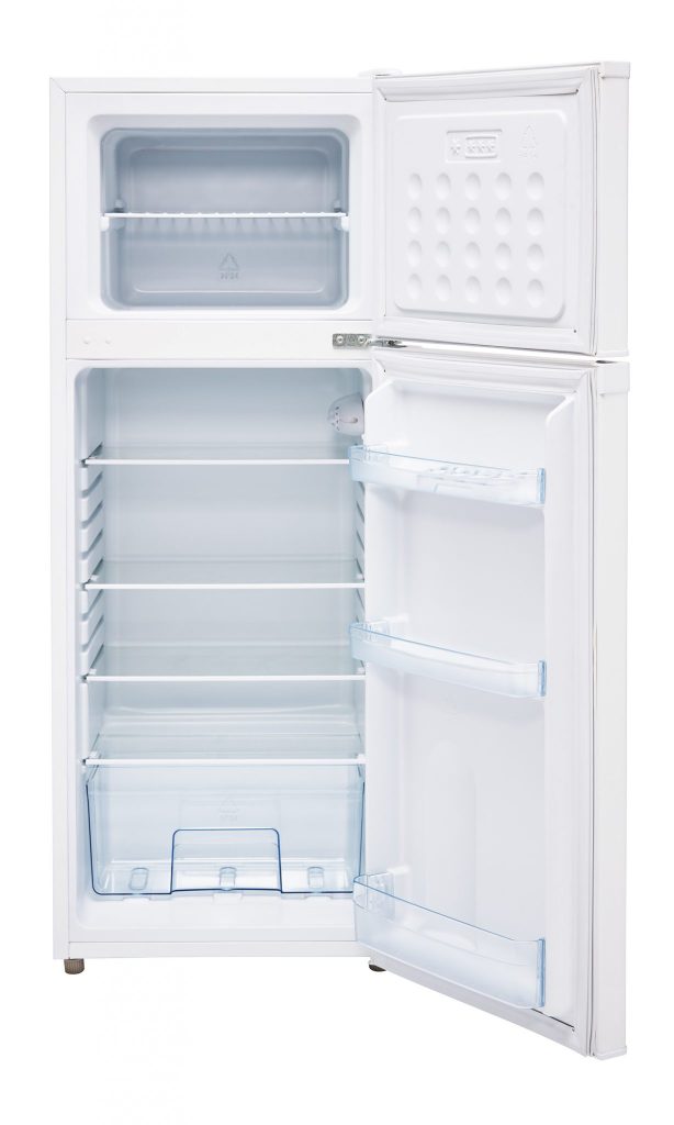Interior Unique UGP-170L W 6.0 cubic foot white solar DC refrigerator and freezer for off-grid cottages.