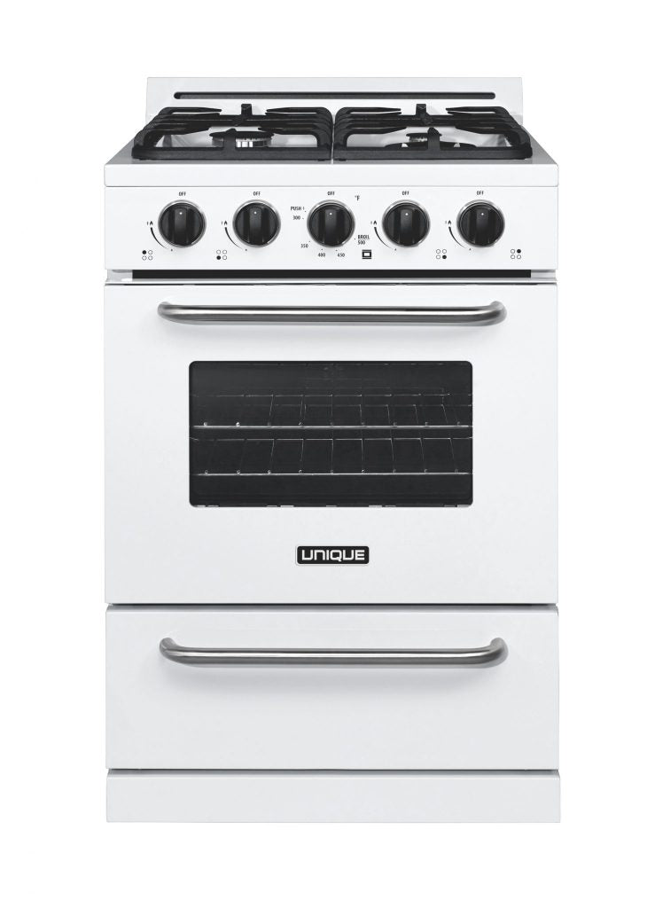 Unique Classic 24 Inch Propane Gas Range in White with Continuous Cast-Iron Grates