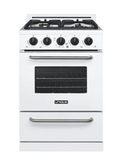 Unique Classic 30 Inch Off-Grid Propane Gas Range in White with Continuous Cast-Iron Grates
