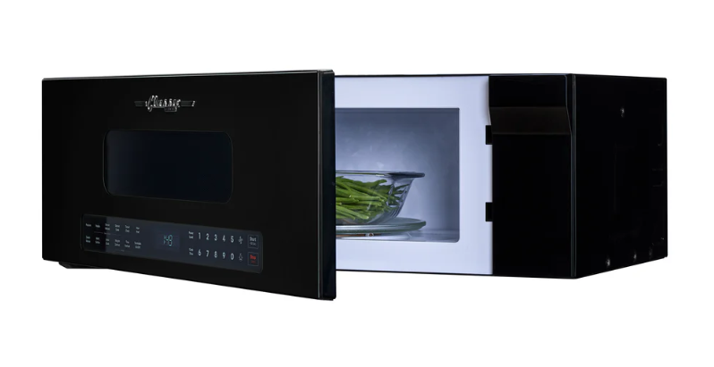 Unique Classic 30 inch retro over the range microwave in Marshmallow Black with chrome accents