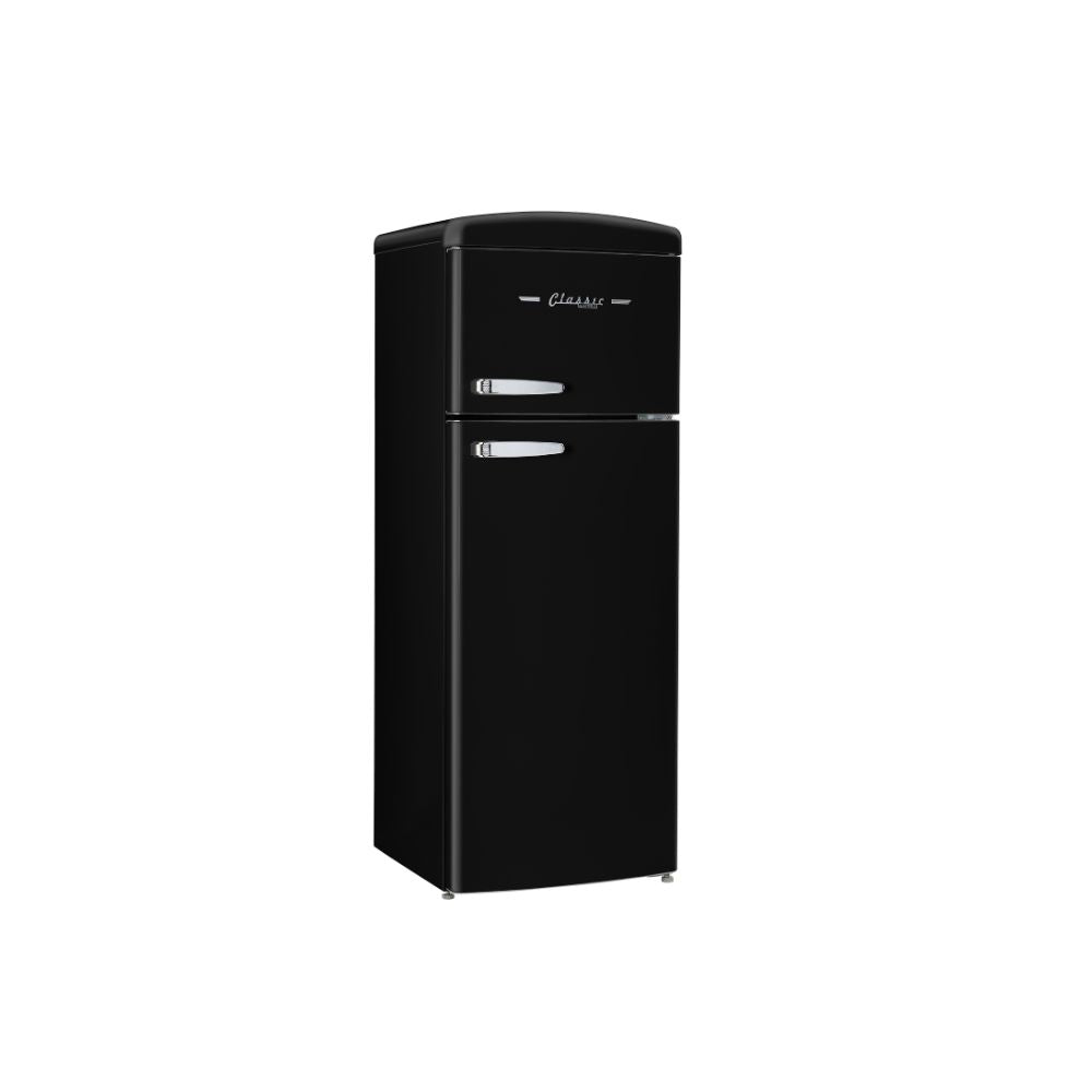 Chrome accent handles and retro branding on the Unique 7.5 cu. ft. fridge