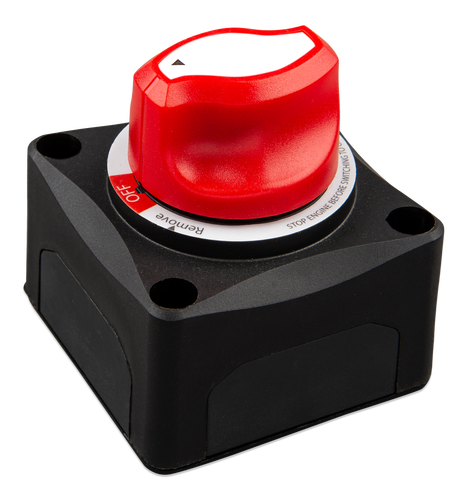 Victron Energy 275A master battery disconnect switch with removable red ergonomic knob and tinned copper M10 studs.