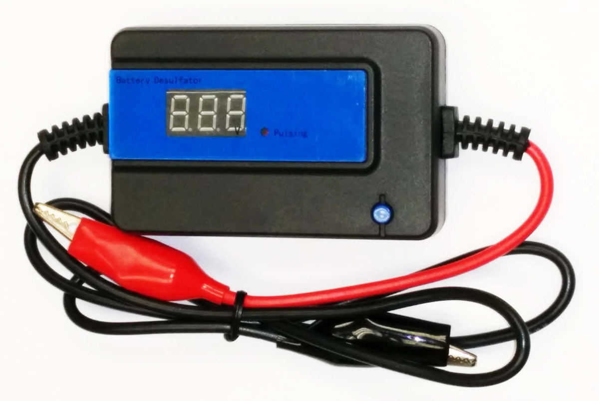 Auto pulse battery desulfator with LED status indicator for 12V, 24V, 36V, and 48V lead-acid battery maintenance.