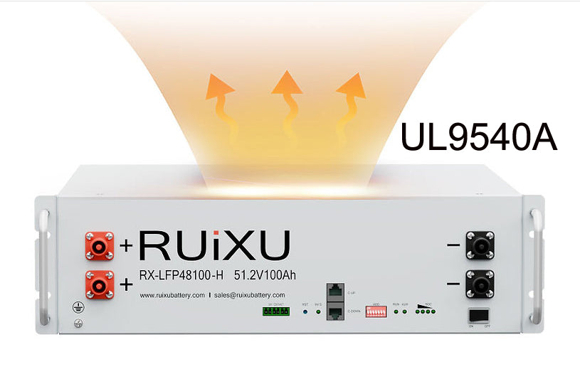 RUIXU 48V 100Ah 5.12kWh LiFePO4 server rack battery with self-heating and UL9540A certification.